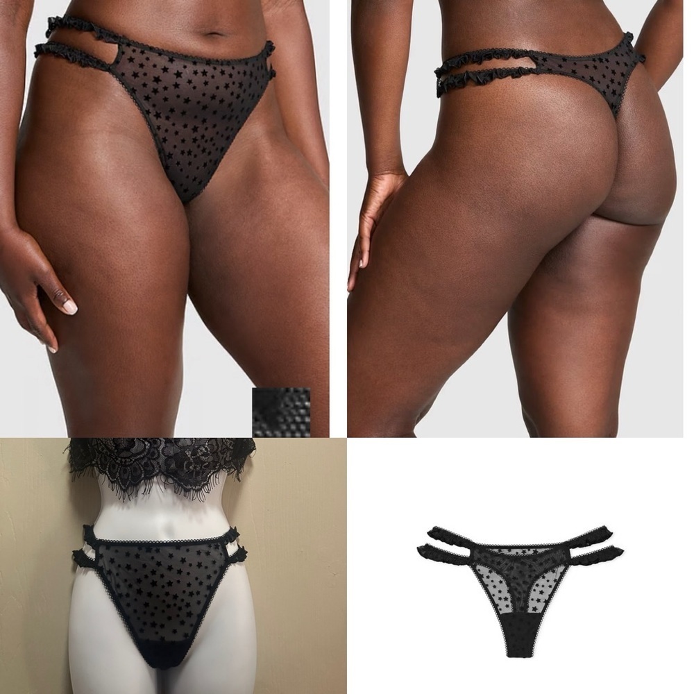 ⭐🖤NWT |Victoria's Secret PINK| Wink Strappy Thong Black Sheer Star Mesh Size M✨